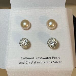 Cultured Freshwater Pearl and Crystal Sterling Silver Stud Earring 2 Piece Set